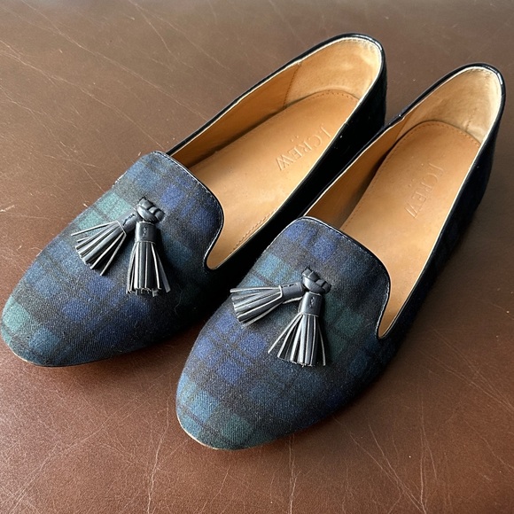 J. Crew Shoes - J Crew Tassel Plaid Slip-On Loafers in Dark Blue & Green